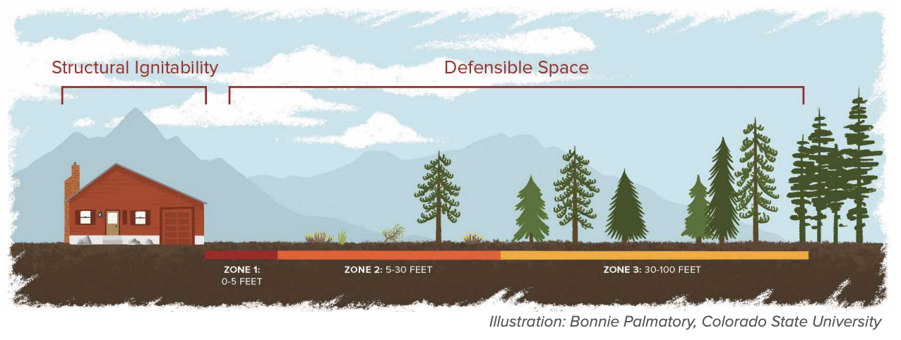 Diagram showing near-home, intermediate, and extended zones for wildfire risk reduction